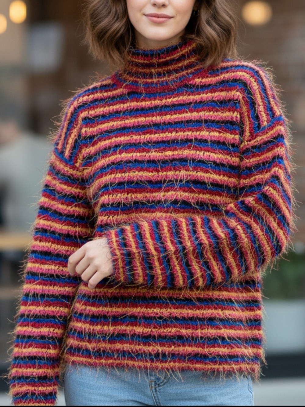 Y2K Colorful Striped Eyelash Turtleneck Sweater